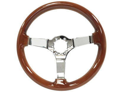 VSW ST3111 6-bolt Sport steering wheel, mahogany wood grip, chrome solid 3-spoke center, 14" diameter
