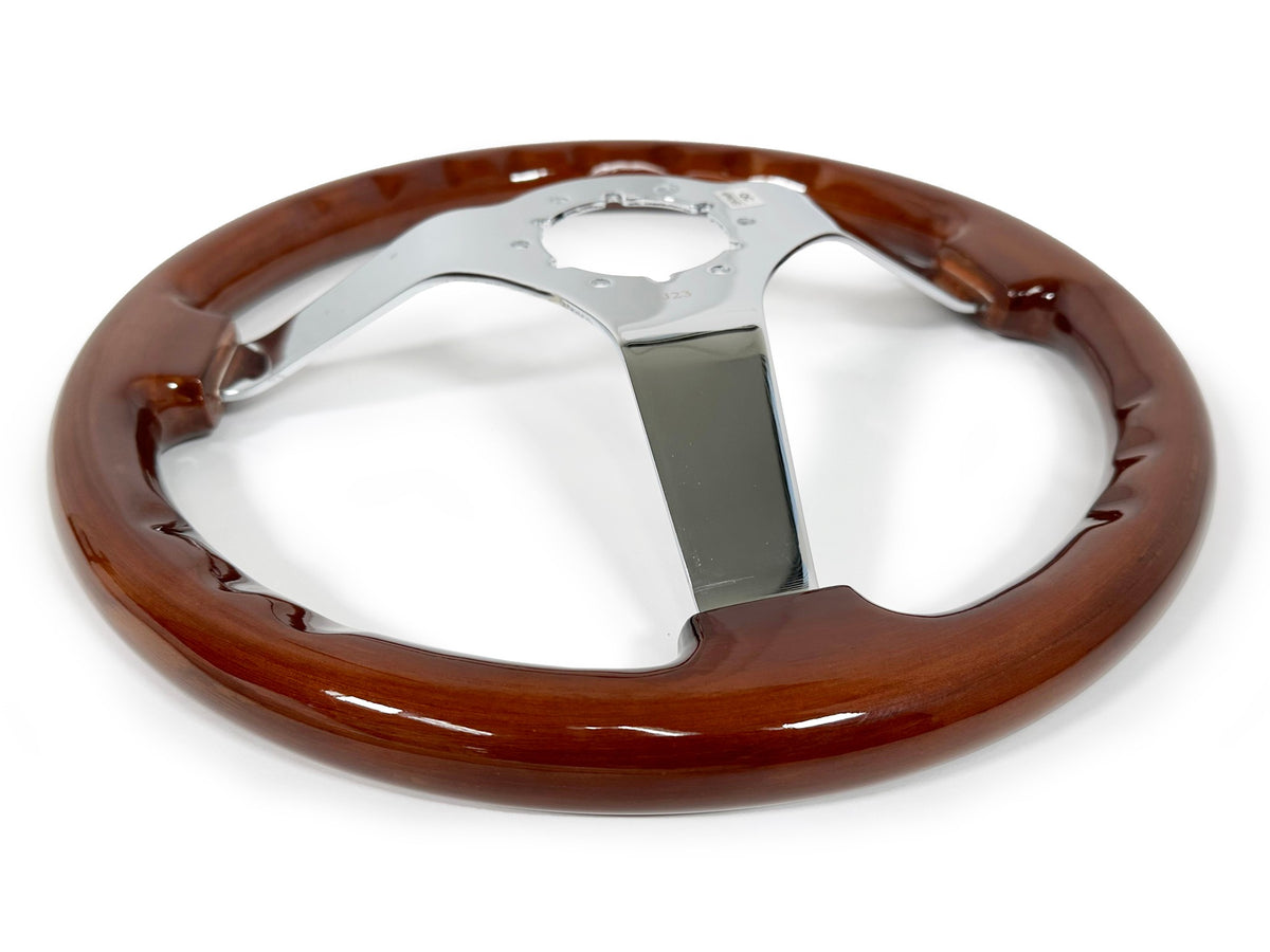 VSW ST3111 6-bolt Sport steering wheel, mahogany wood grip, chrome solid 3-spoke center, 14" diameter