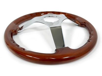 VSW ST3111 6-bolt Sport steering wheel, mahogany wood grip, chrome solid 3-spoke center, 14" diameter