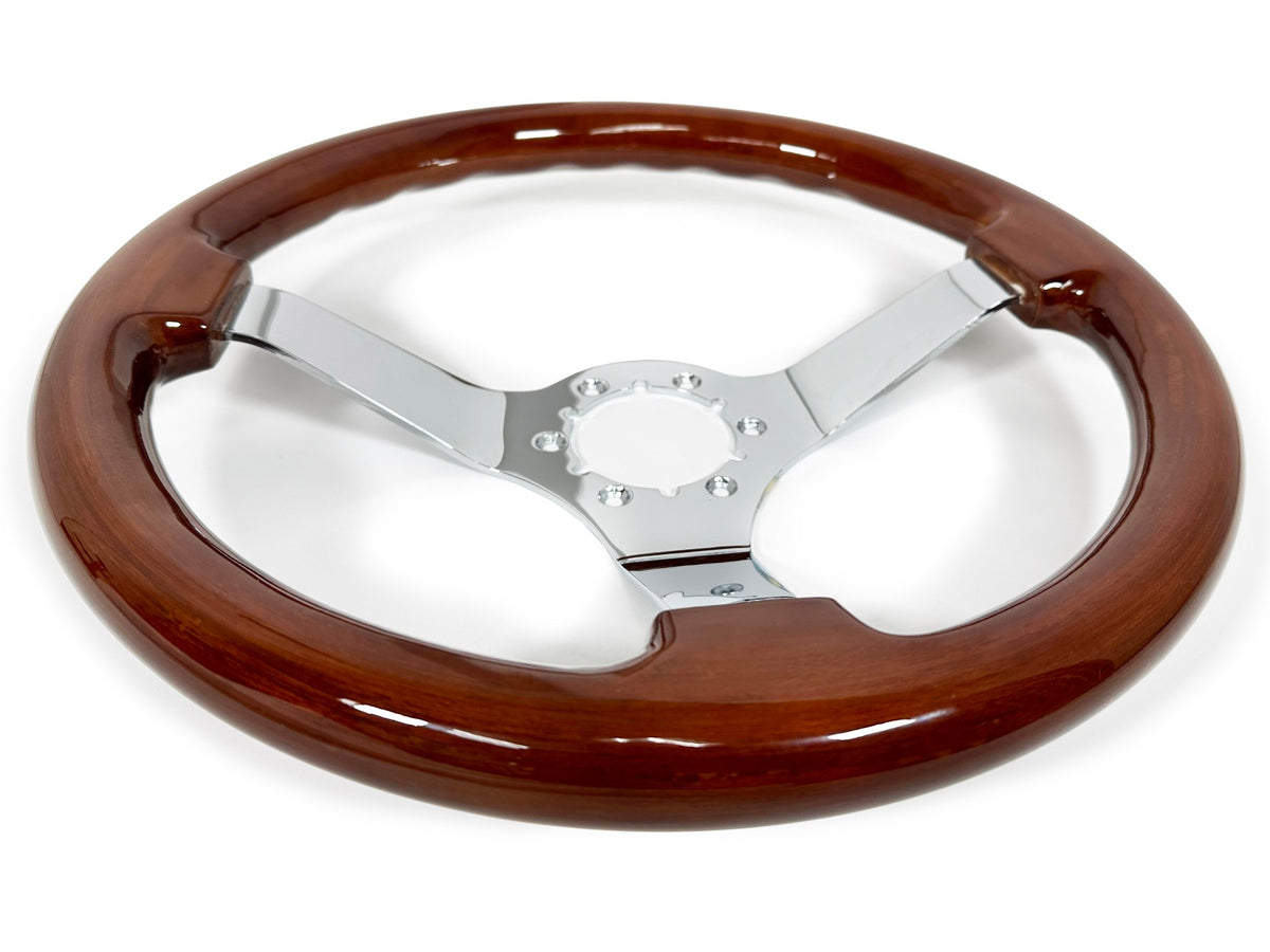VSW ST3111 6-bolt Sport steering wheel, mahogany wood grip, chrome solid 3-spoke center, 14" diameter