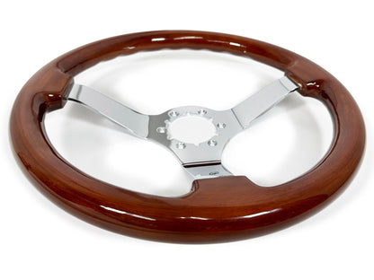 VSW ST3111 6-bolt Sport steering wheel, mahogany wood grip, chrome solid 3-spoke center, 14" diameter