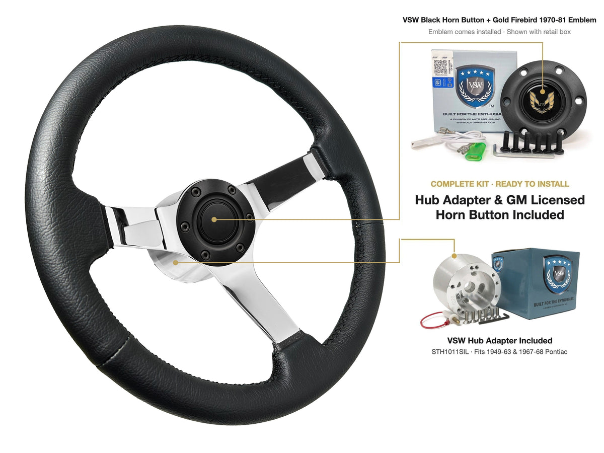 ST3112BLK steering wheel kit - Black horn button, Gold Firebird 1970-81 emblem