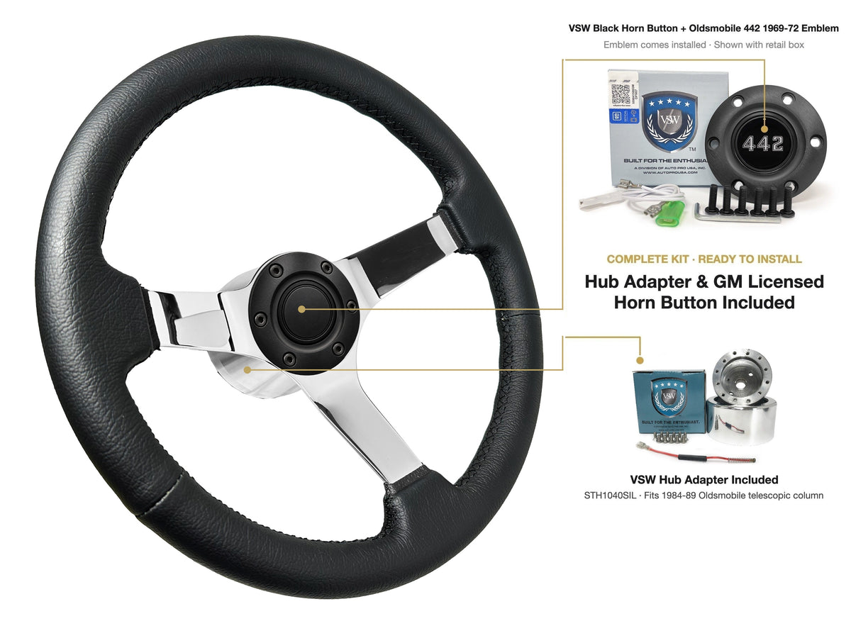 ST3112BLK steering wheel kit - Black horn button, 442 1969-72 emblem