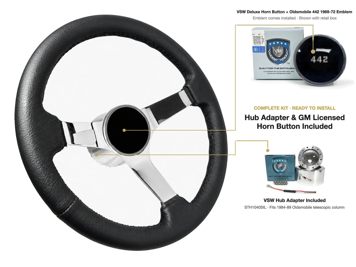 ST3112BLK steering wheel kit - Deluxe horn button, 442 1969-72 emblem