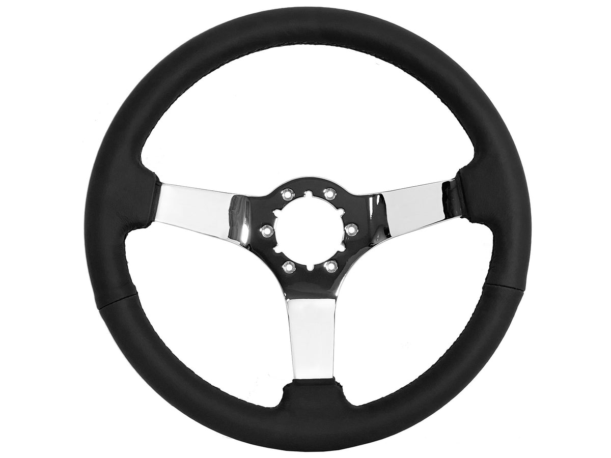 VSW ST3112BLK 6-bolt Sport steering wheel, genuine black leather grip, chrome solid 3-spoke center, 14" diameter