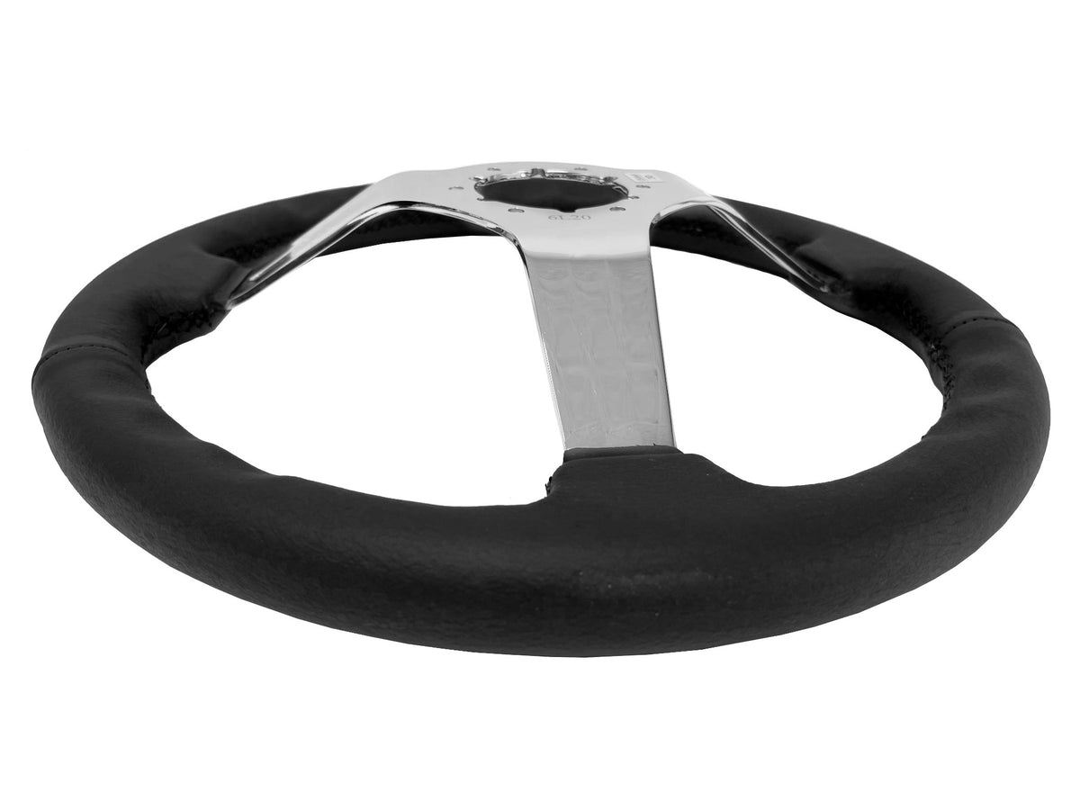 VSW ST3112BLK 6-bolt Sport steering wheel, genuine black leather grip, chrome solid 3-spoke center, 14" diameter