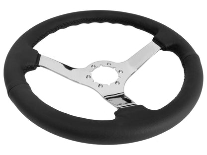 VSW ST3112BLK 6-bolt Sport steering wheel, genuine black leather grip, chrome solid 3-spoke center, 14" diameter