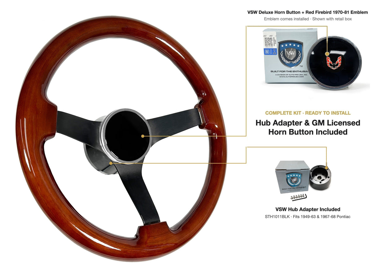 ST3127 1949-63/1967-68 Pontiac kit - Deluxe button, Red Firebird 1970-81 emblem, STH1011BLK hub