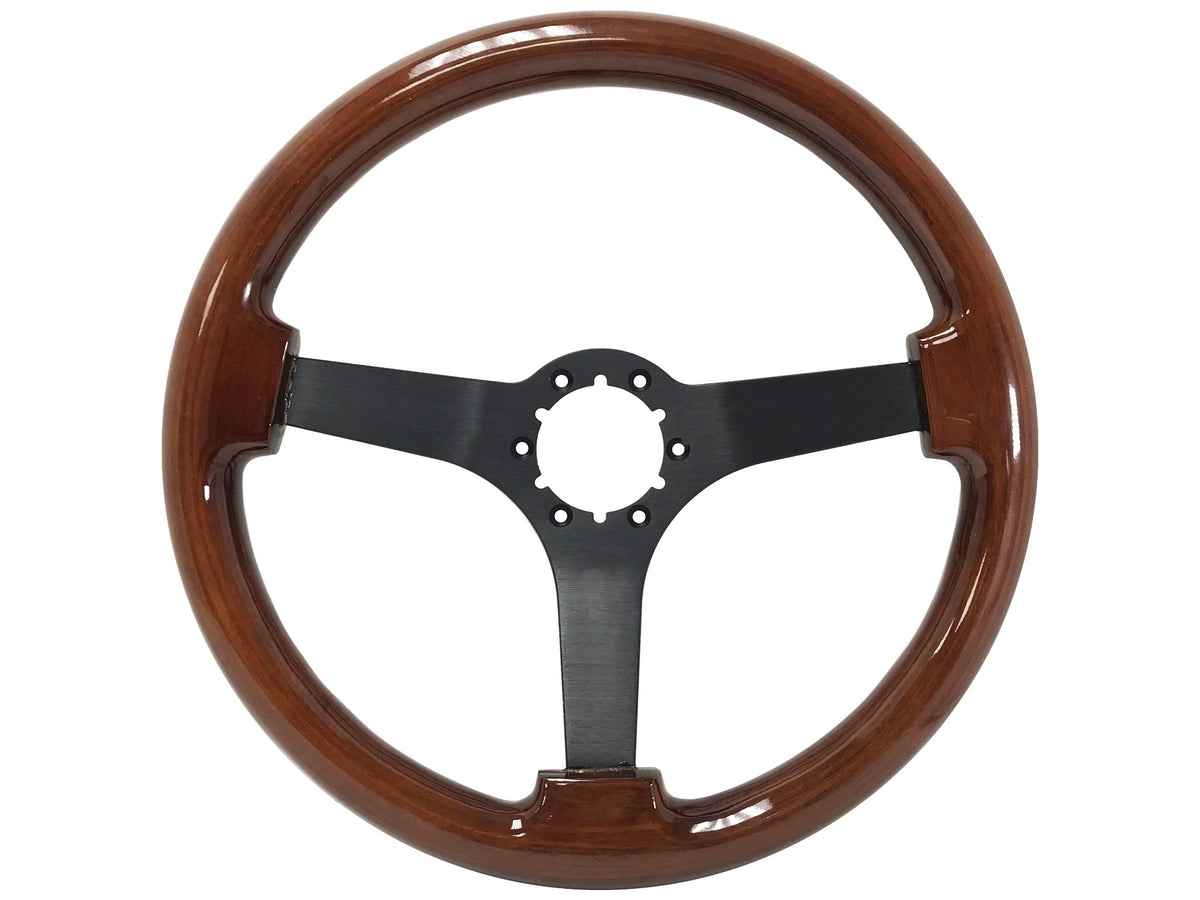VSW ST3127 6-bolt Sport steering wheel, mahogany wood grip, black aluminum solid 3-spoke center, 14" diameter