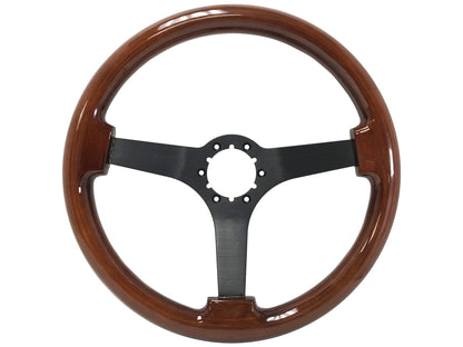 VSW ST3127 6-bolt Sport steering wheel, mahogany wood grip, black aluminum solid 3-spoke center, 14" diameter