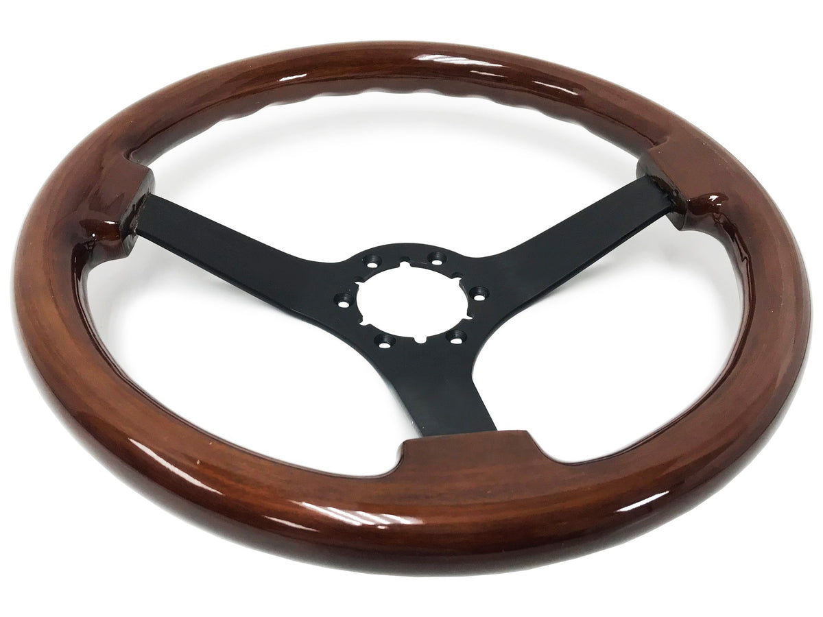 VSW ST3127 6-bolt Sport steering wheel, mahogany wood grip, black aluminum solid 3-spoke center, 14" diameter