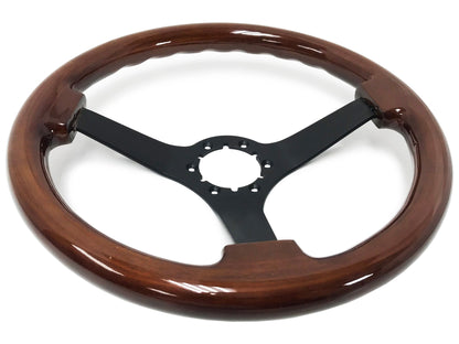 VSW ST3127 6-bolt Sport steering wheel, mahogany wood grip, black aluminum solid 3-spoke center, 14" diameter