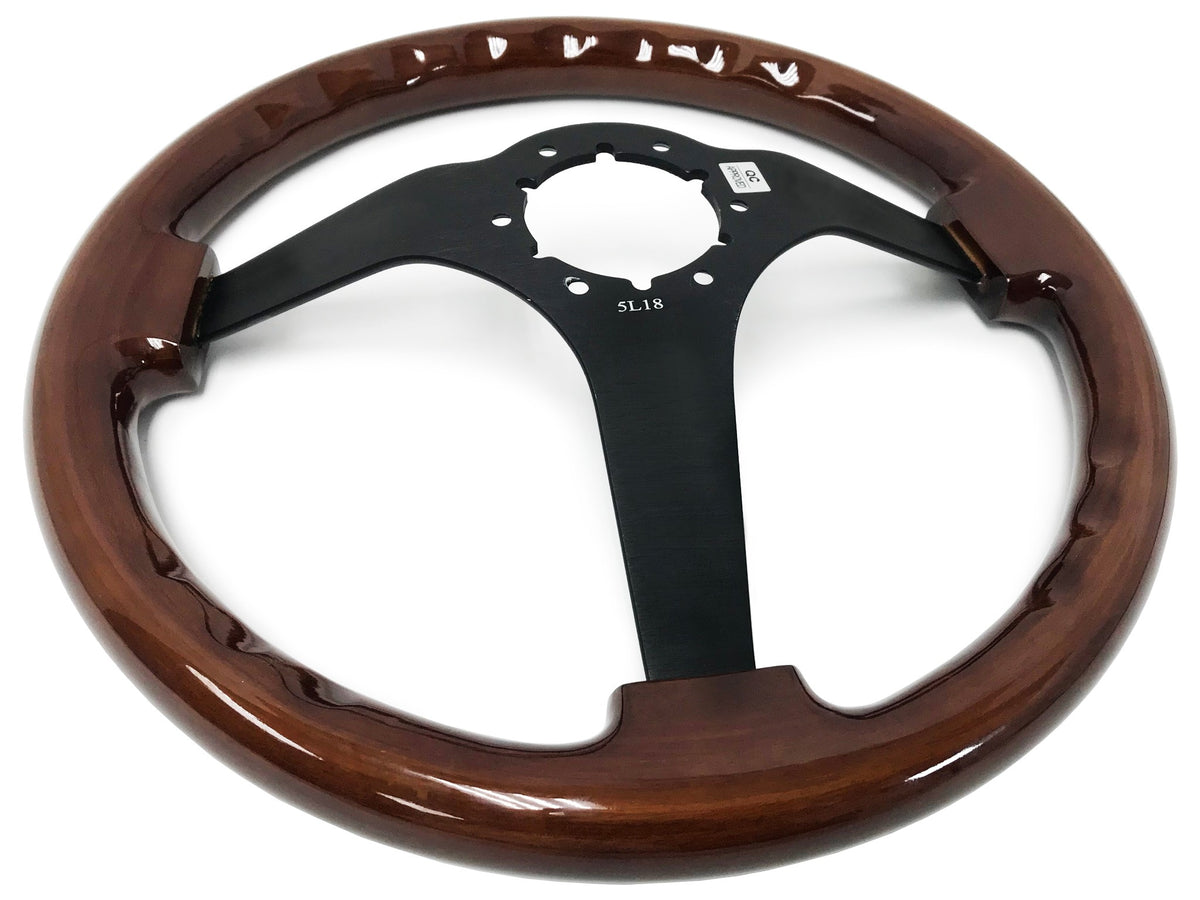 VSW ST3127 6-bolt Sport steering wheel, mahogany wood grip, black aluminum solid 3-spoke center, 14" diameter