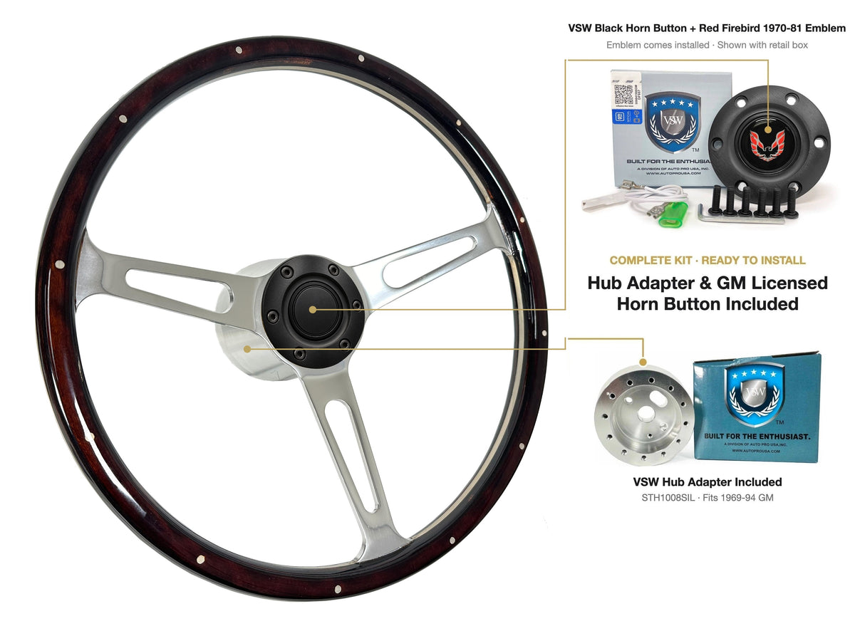 ST3553A steering wheel kit - Black horn button, Red Firebird 1970-81 emblem