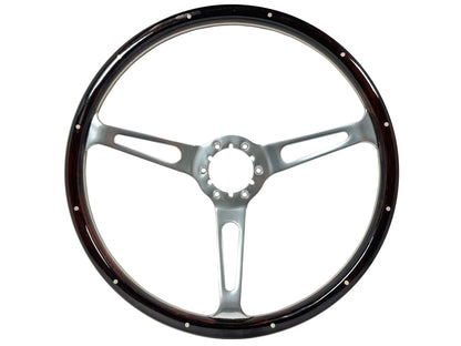 VSW ST3553A Luxury Wood steering wheel, espresso stained wood grip with rivets, clear anodized billet aluminum slotted 3-spoke center, 15" diameter
