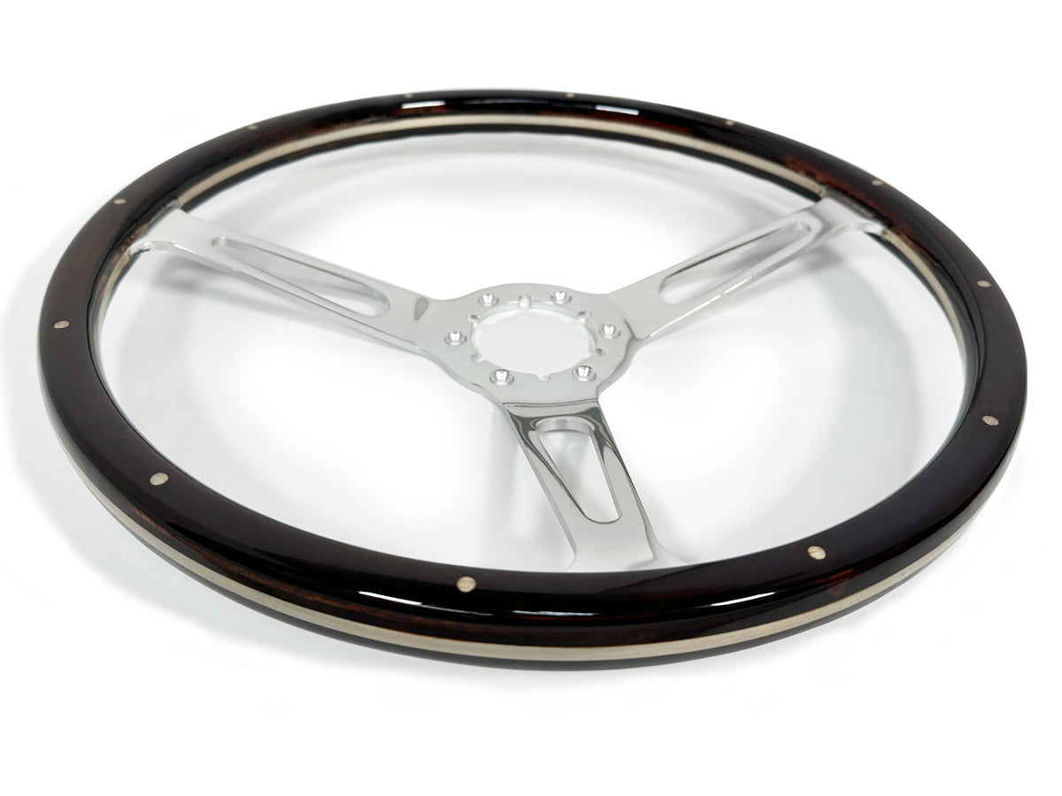 VSW ST3553A Luxury Wood steering wheel, espresso stained wood grip with rivets, clear anodized billet aluminum slotted 3-spoke center, 15" diameter