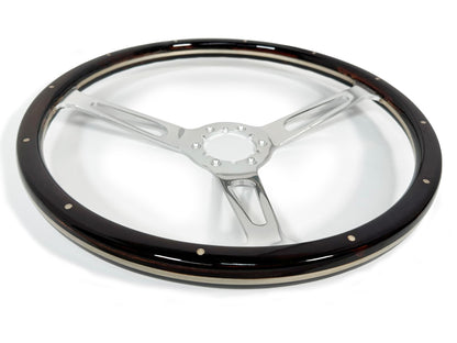 VSW ST3553A Luxury Wood steering wheel, espresso stained wood grip with rivets, clear anodized billet aluminum slotted 3-spoke center, 15" diameter