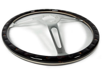 VSW ST3553A Luxury Wood steering wheel, espresso stained wood grip with rivets, clear anodized billet aluminum slotted 3-spoke center, 15" diameter