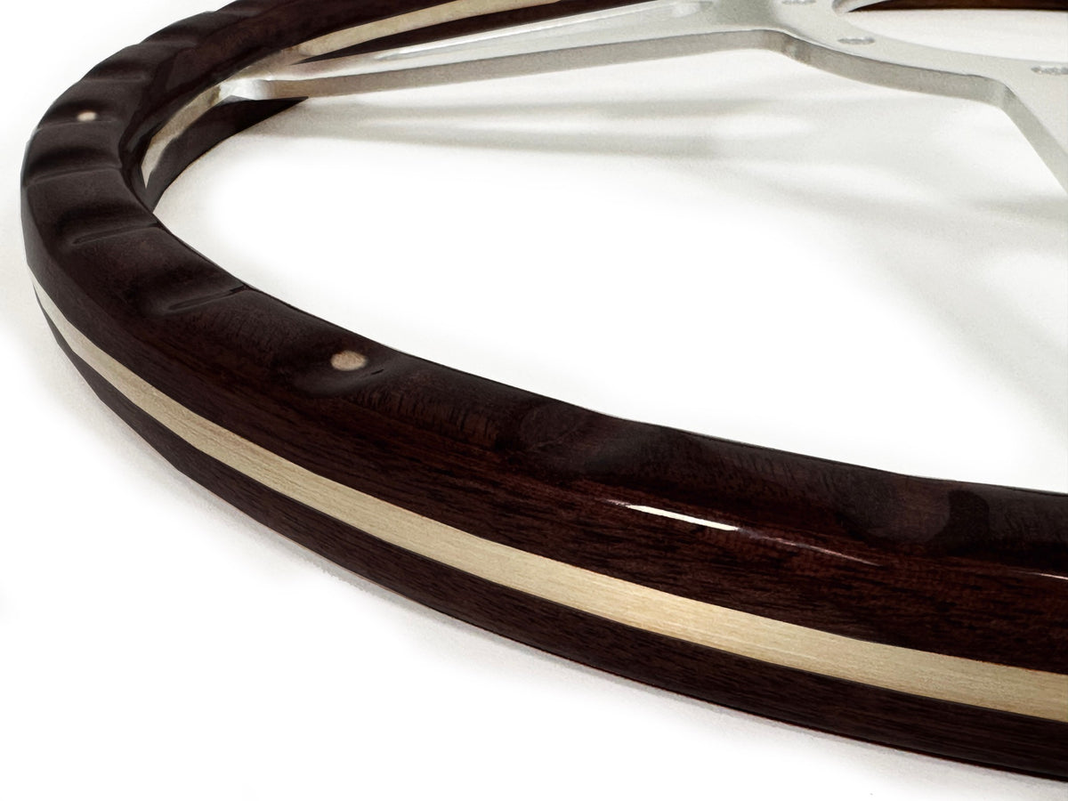 VSW ST3553A Luxury Wood steering wheel, espresso stained wood grip with rivets, clear anodized billet aluminum slotted 3-spoke center, 15" diameter