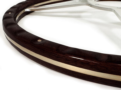 VSW ST3553A Luxury Wood steering wheel, espresso stained wood grip with rivets, clear anodized billet aluminum slotted 3-spoke center, 15" diameter