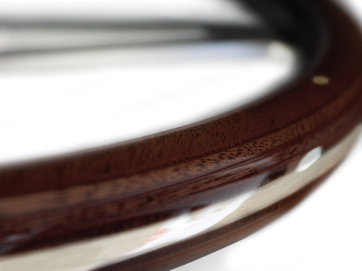 VSW ST3553A Luxury Wood steering wheel, espresso stained wood grip with rivets, clear anodized billet aluminum slotted 3-spoke center, 15" diameter