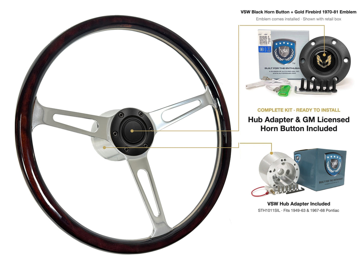 ST3554A steering wheel kit - Black horn button, Gold Firebird 1970-81 emblem