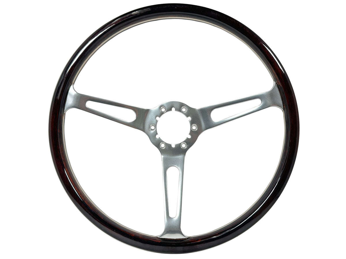 VSW ST3554A Deluxe Wood steering wheel, multi-layer espresso stained wood grip, clear anodized billet aluminum slotted 3-spoke center, 15" diameter