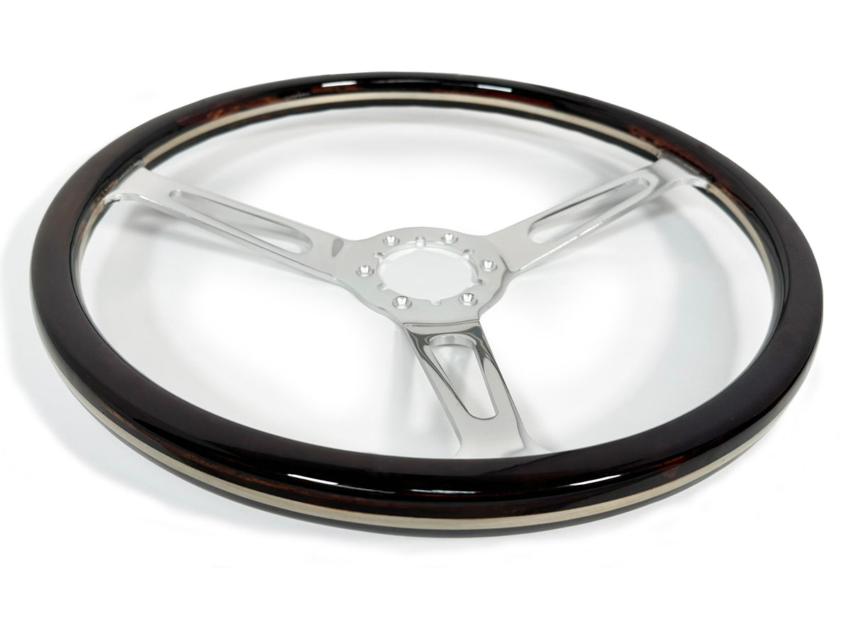 VSW ST3554A Deluxe Wood steering wheel, multi-layer espresso stained wood grip, clear anodized billet aluminum slotted 3-spoke center, 15" diameter