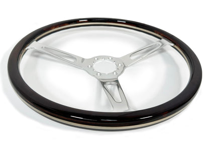 VSW ST3554A Deluxe Wood steering wheel, multi-layer espresso stained wood grip, clear anodized billet aluminum slotted 3-spoke center, 15" diameter