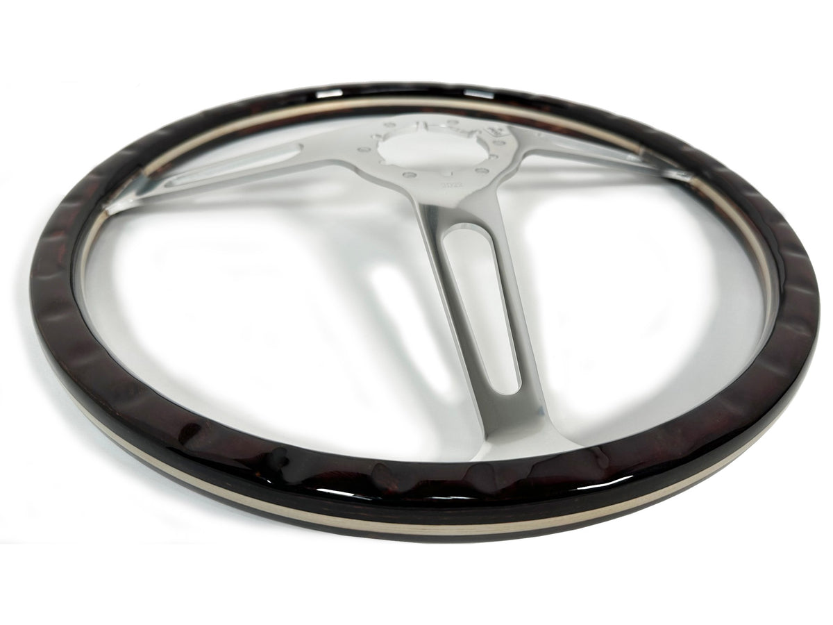 VSW ST3554A Deluxe Wood steering wheel, multi-layer espresso stained wood grip, clear anodized billet aluminum slotted 3-spoke center, 15" diameter