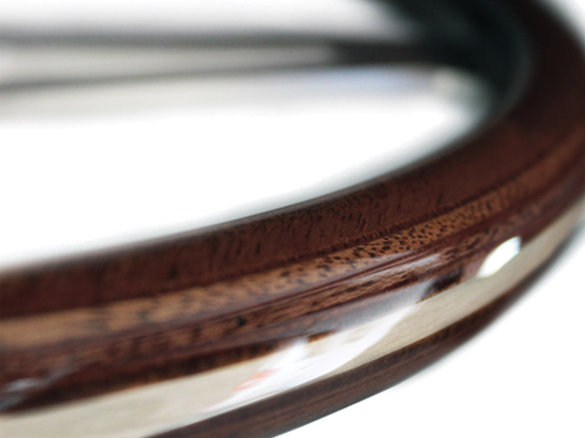 VSW ST3554A Deluxe Wood steering wheel, multi-layer espresso stained wood grip, clear anodized billet aluminum slotted 3-spoke center, 15" diameter