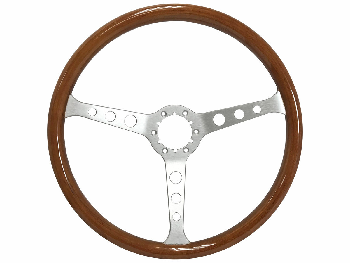 VSW ST3578 Classic Wood steering wheel, walnut wood grip, brushed aluminum 3-spoke center with holes, 15" diameter