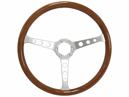 VSW ST3578 Classic Wood steering wheel, walnut wood grip, brushed aluminum 3-spoke center with holes, 15" diameter