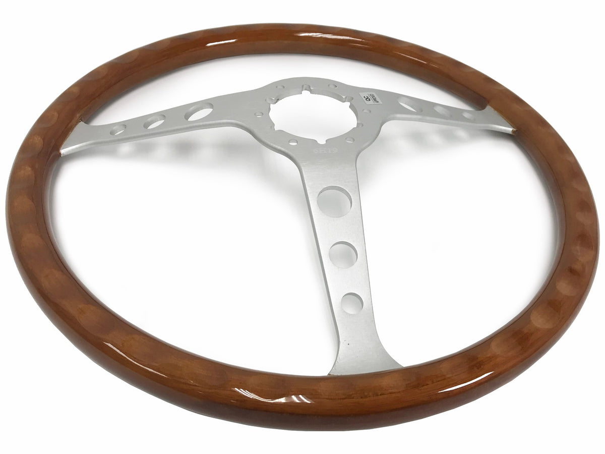 VSW ST3578 Classic Wood steering wheel, walnut wood grip, brushed aluminum 3-spoke center with holes, 15" diameter