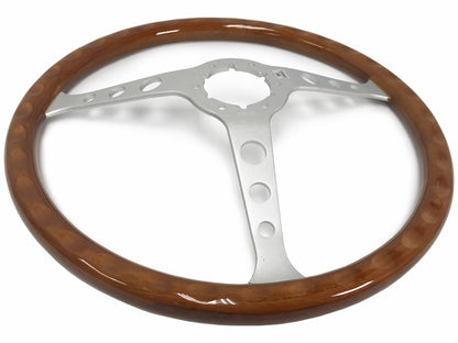 VSW ST3578 Classic Wood steering wheel, walnut wood grip, brushed aluminum 3-spoke center with holes, 15" diameter