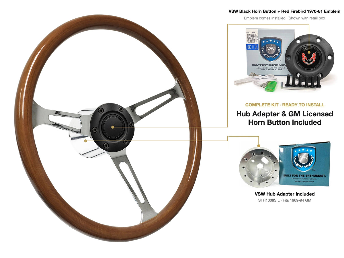 ST3579 steering wheel kit - Black horn button, Red Firebird 1970-81 emblem