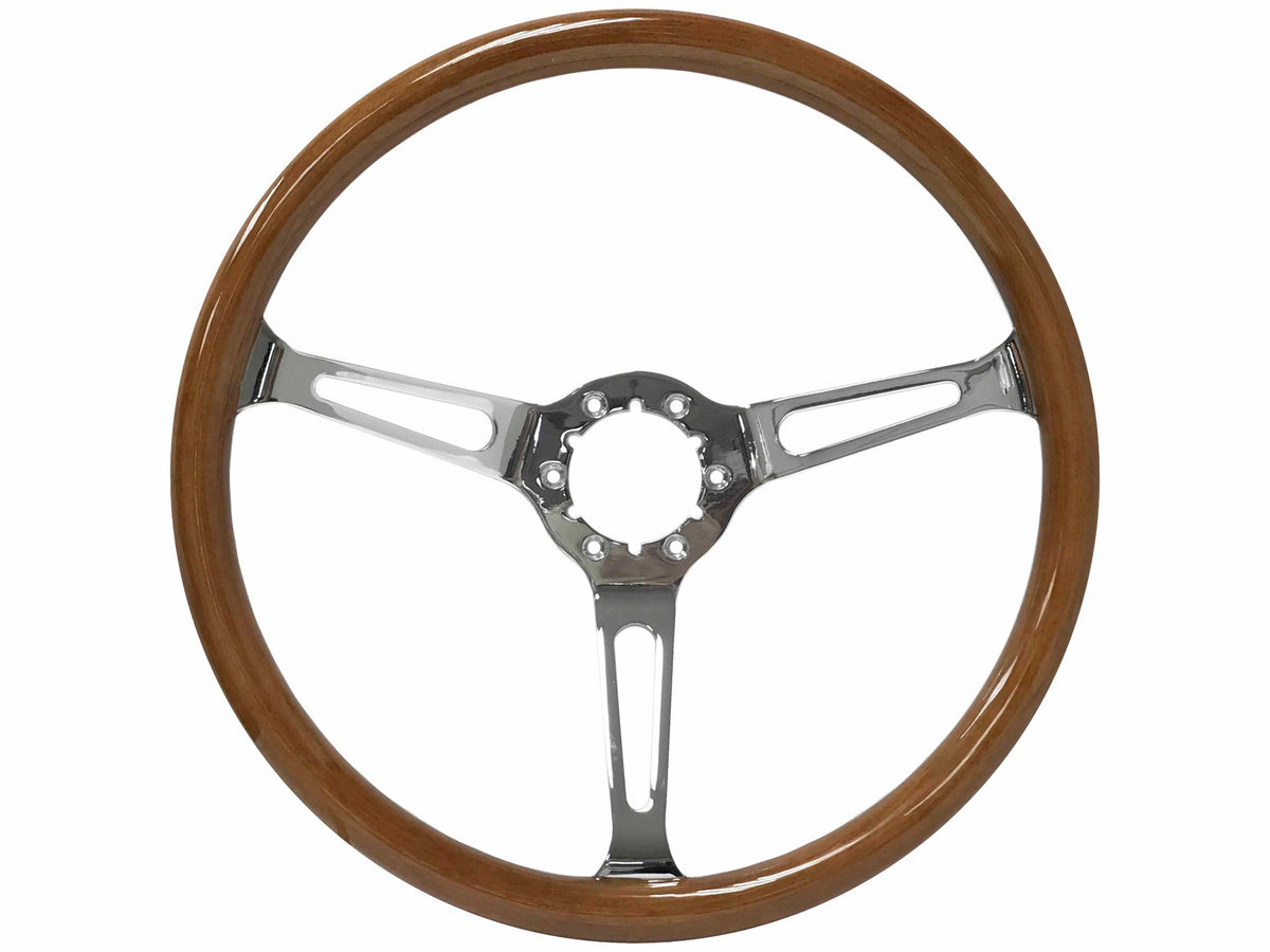 VSW ST3579 Classic Wood steering wheel, walnut wood grip, chrome 3-spoke center, 15" diameter