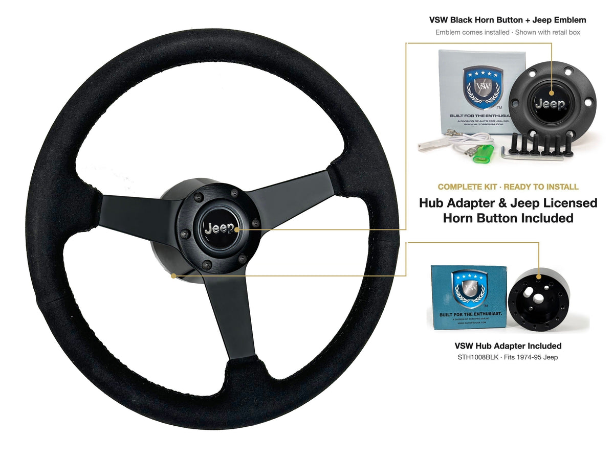 ST3582BLK 1974-75 Jeep kit - Black button, Jeep emblem, STH1008BLK hub