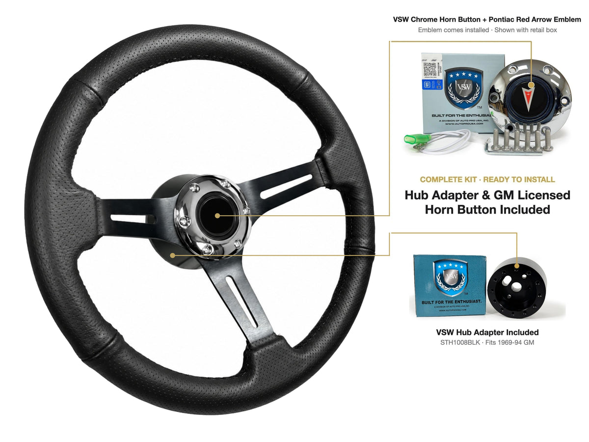 ST3586BLK-BLK steering wheel kit - Chrome horn button, Pontiac Red Arrow emblem