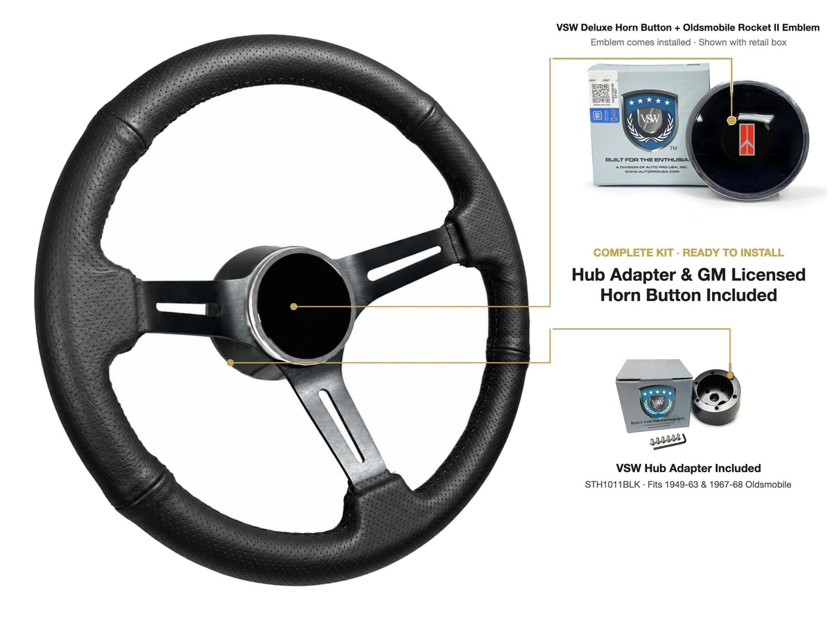 ST3586BLK-BLK steering wheel kit - Deluxe horn button, Rocket II 1981-96 emblem