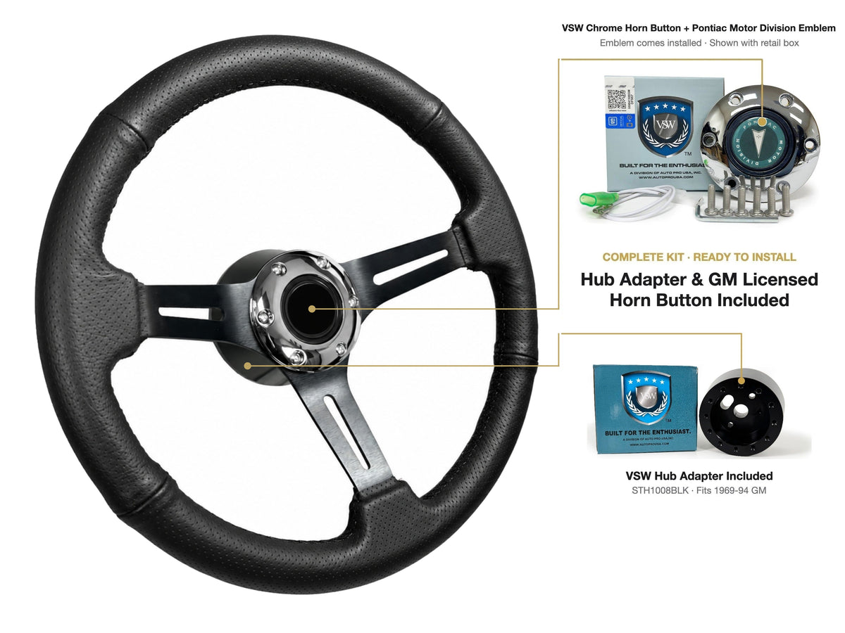 ST3586BLK-BLK steering wheel kit - Chrome horn button, Pontiac Motor Division emblem