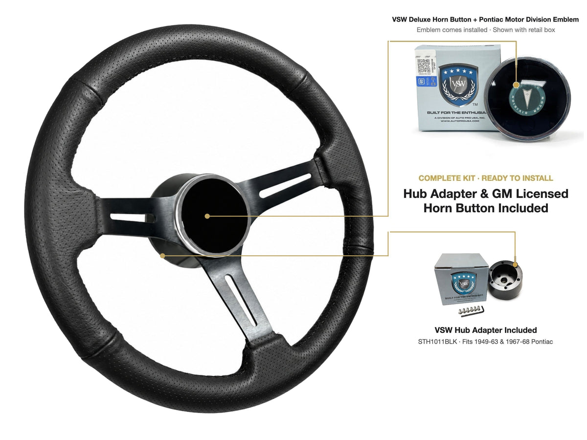 ST3586BLK-BLK steering wheel kit - Deluxe horn button, Pontiac Motor Division emblem