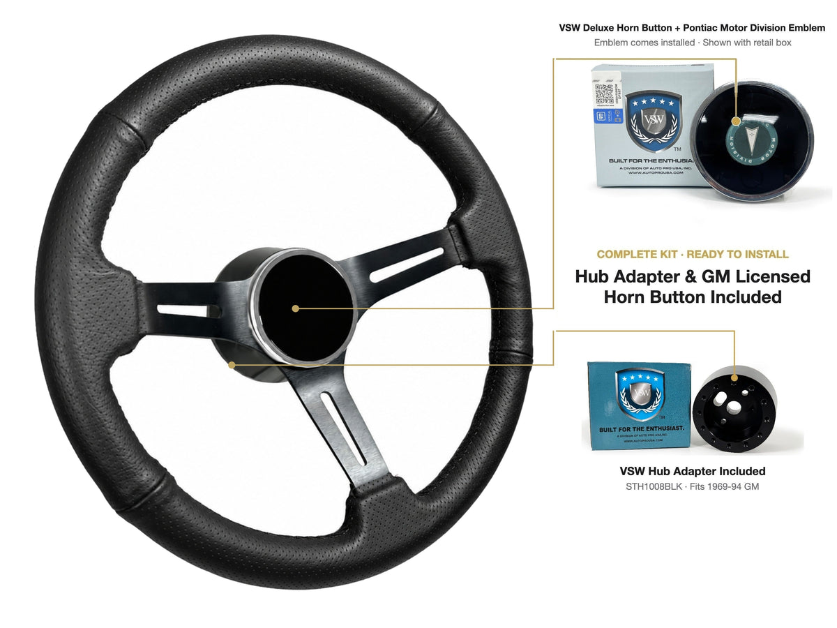 ST3586BLK-BLK steering wheel kit - Deluxe horn button, Pontiac Motor Division emblem