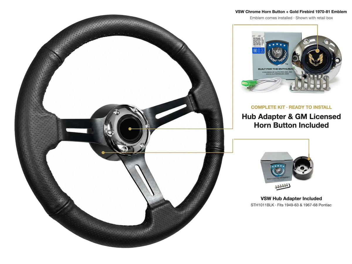 ST3586BLK-BLK steering wheel kit - Chrome horn button, Gold Firebird 1970-81 emblem