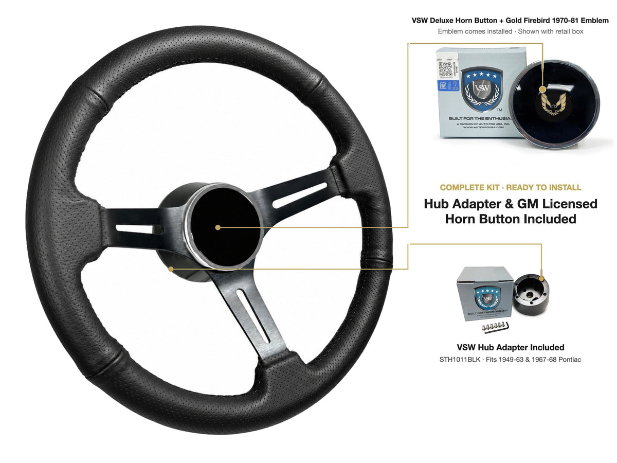 ST3586BLK-BLK steering wheel kit - Deluxe horn button, Gold Firebird 1970-81 emblem