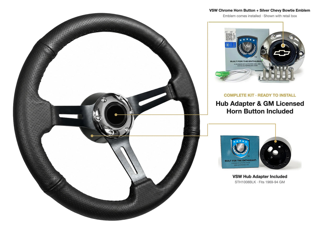 ST3586BLK-BLK steering wheel kit - Chrome horn button, Silver Chevy Bowtie emblem