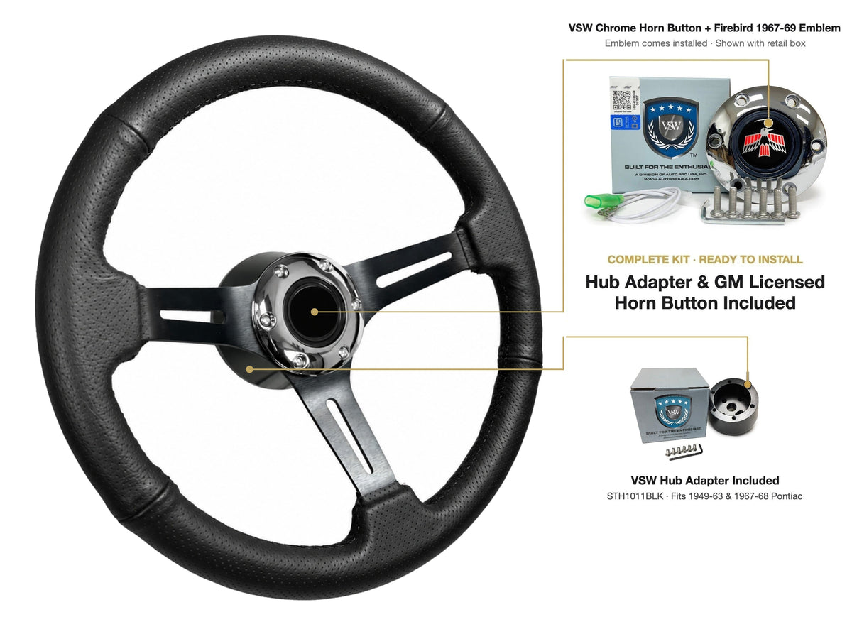 ST3586BLK-BLK steering wheel kit - Chrome horn button, Firebird 1967-69 emblem