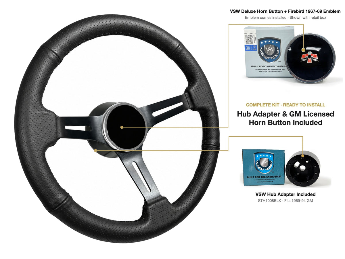 ST3586BLK-BLK steering wheel kit - Deluxe horn button, Firebird 1967-69 emblem