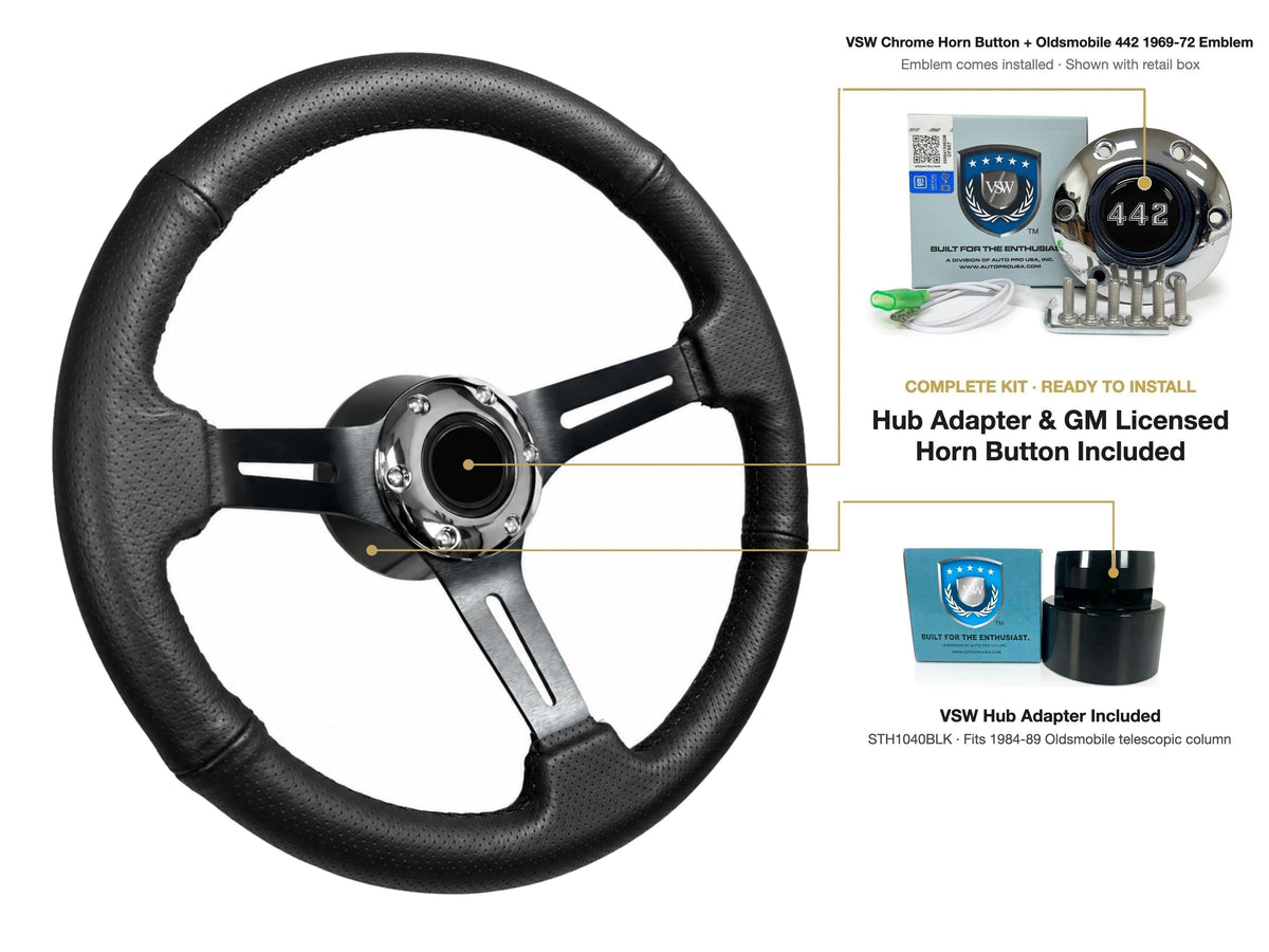 ST3586BLK-BLK steering wheel kit - Chrome horn button, 442 1969-72 emblem