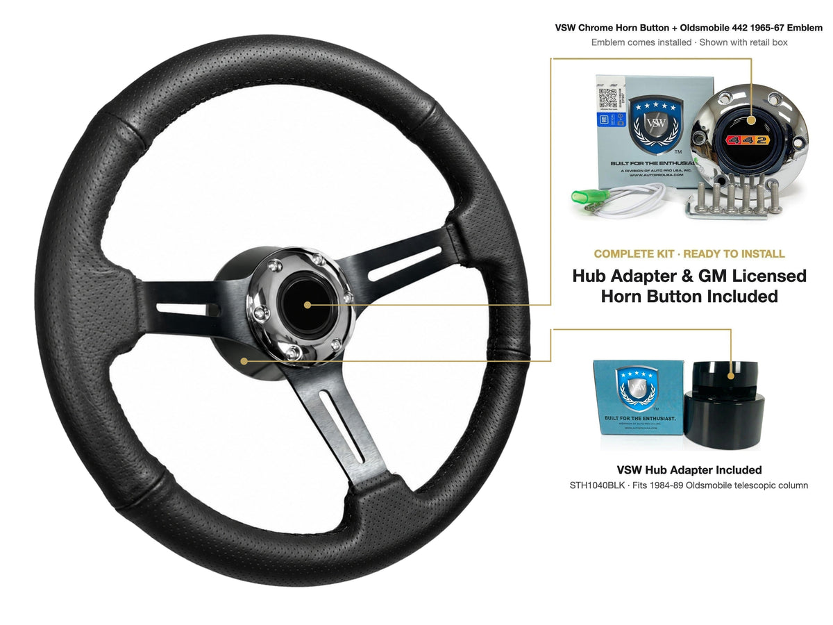 ST3586BLK-BLK steering wheel kit - Chrome horn button, 442 1965-67 emblem